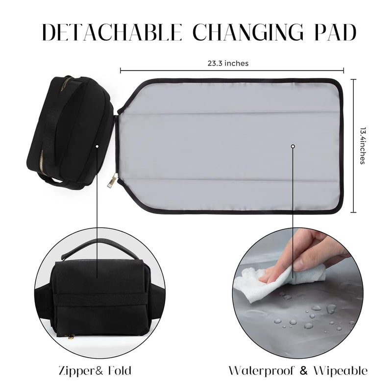 printe Small Diaper Bag with Portable Changing Pad, Crossbody Fanny Pack with Wipes Pocket for Stroller, Women Waist Bag for Travel, Black Large - Image 5